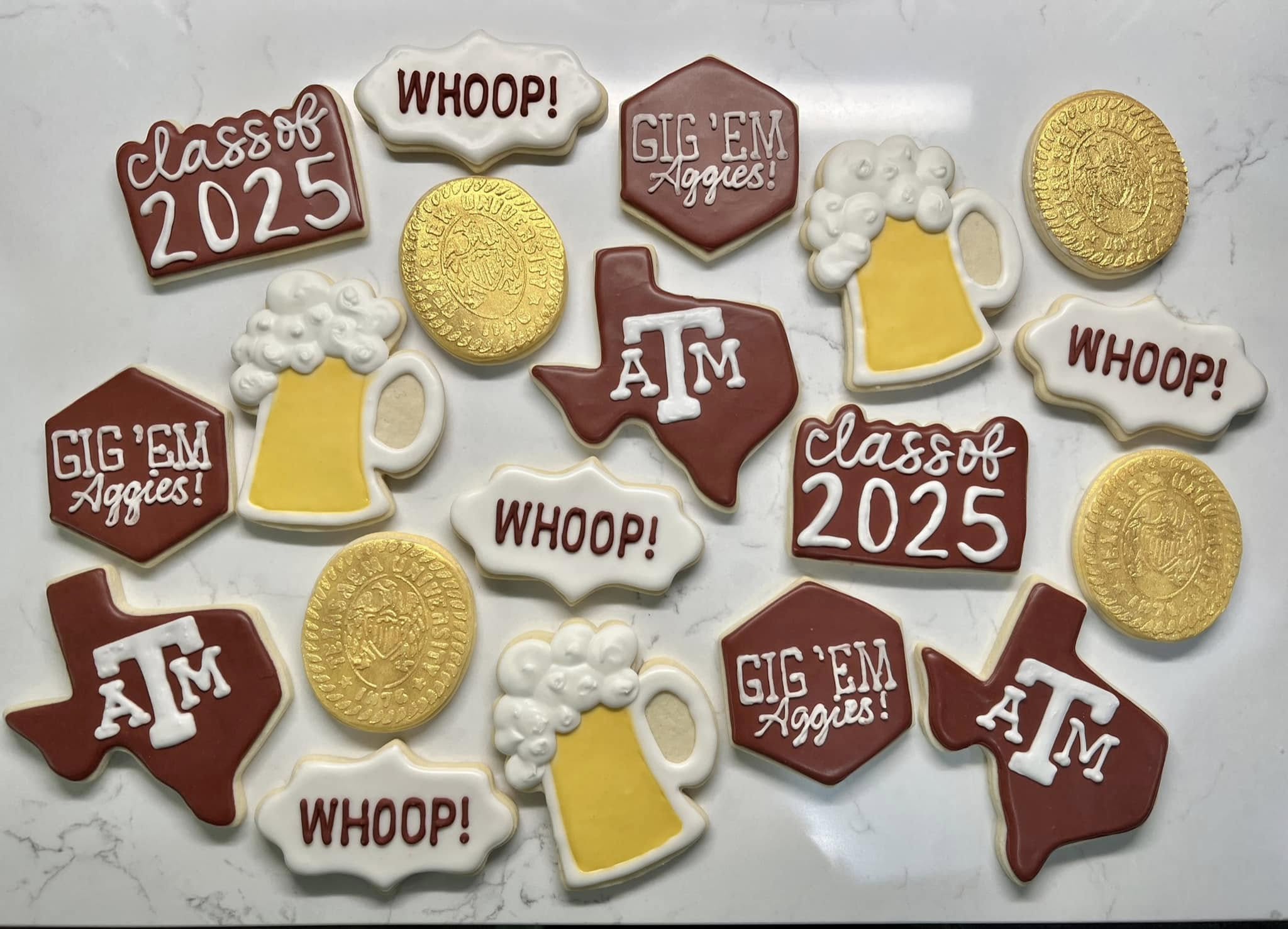 Texas A&M Aggie themed decorated cookies for Class of 2025 graduation